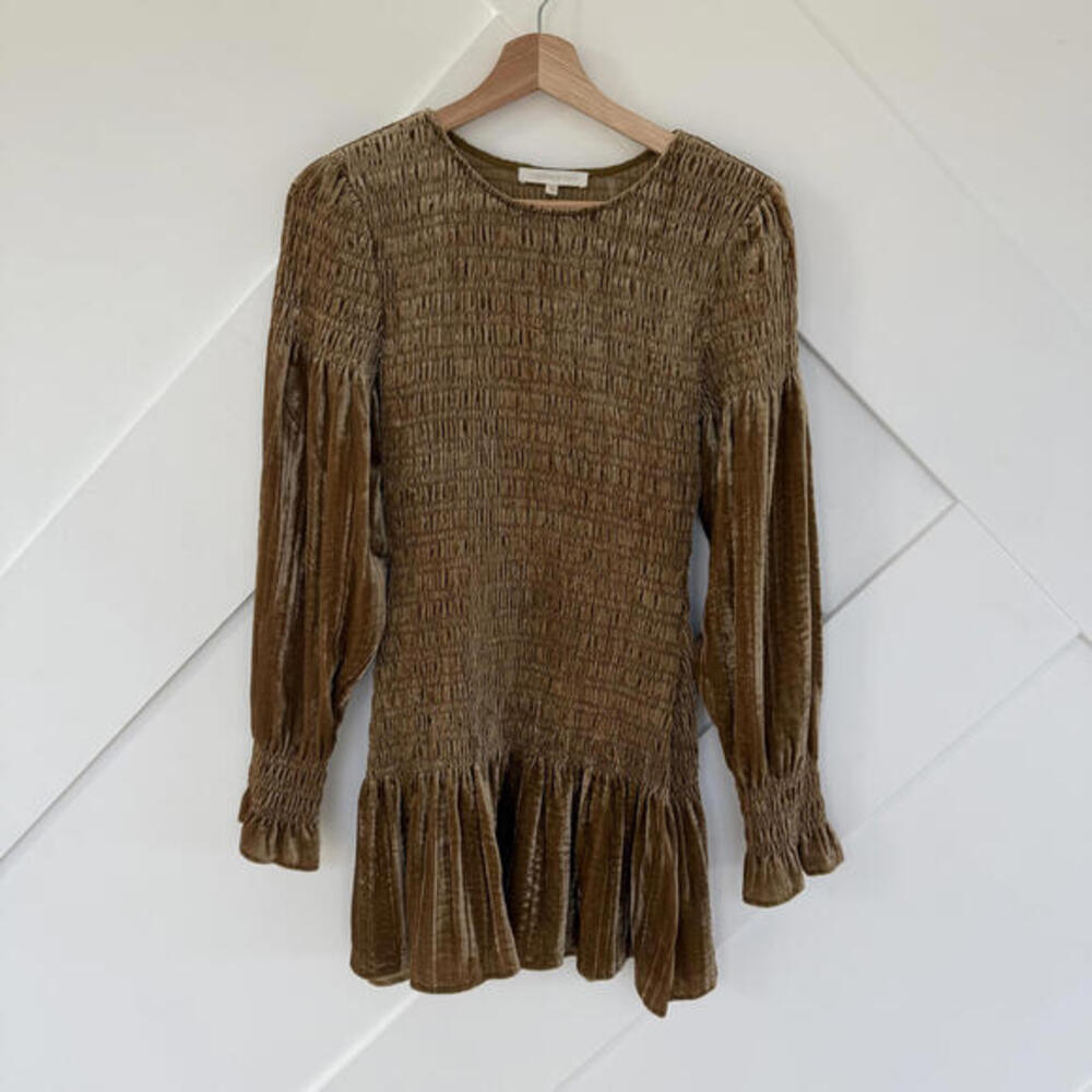 LoveShackFancy Gold Brown Velvet Smocked Mini Dress XS